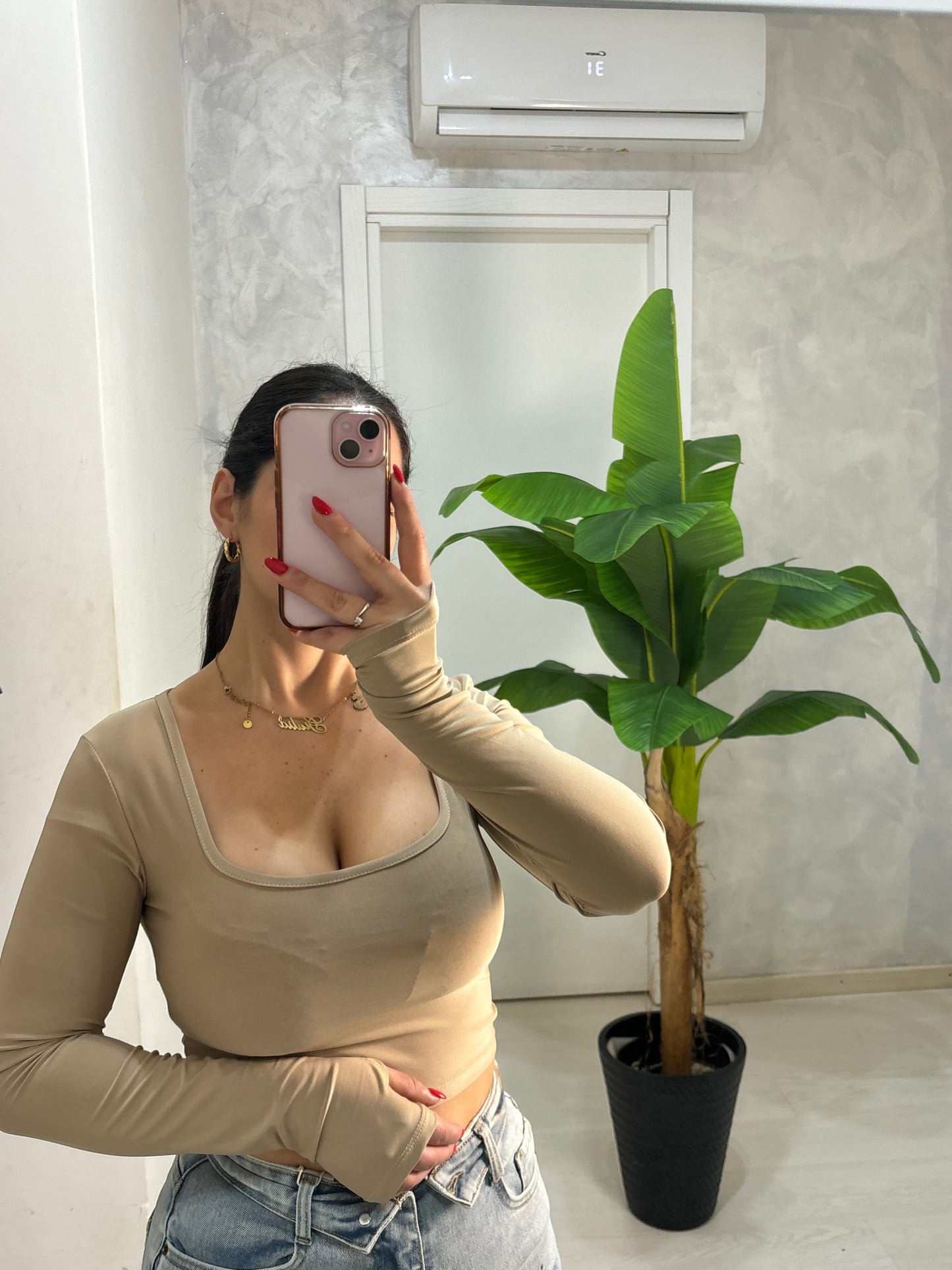 Maglia manica a guanto beige