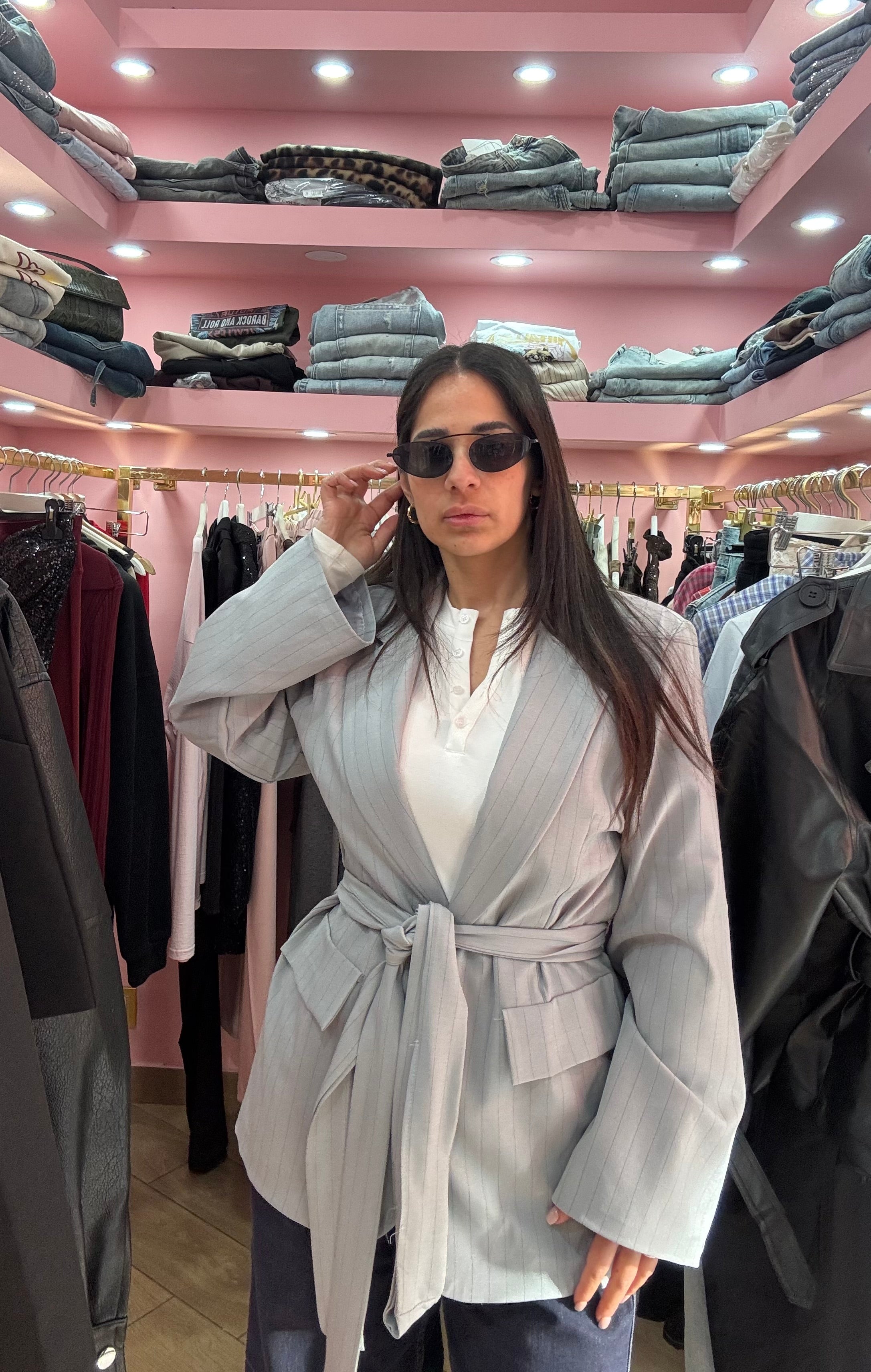 Giacca laccio gessata grigia