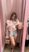 Camicia frufru rosa a pois