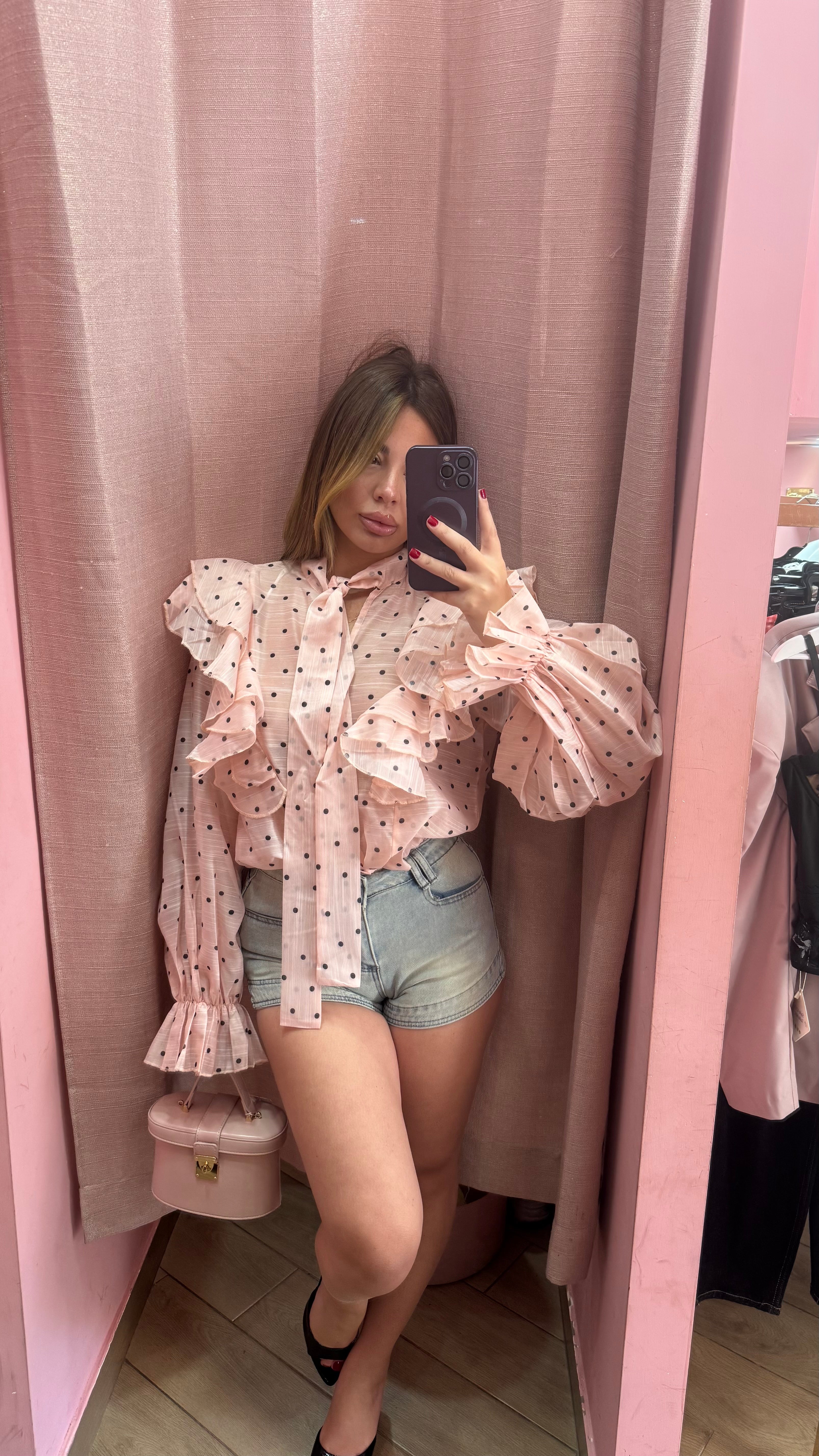 Camicia frufru rosa a pois