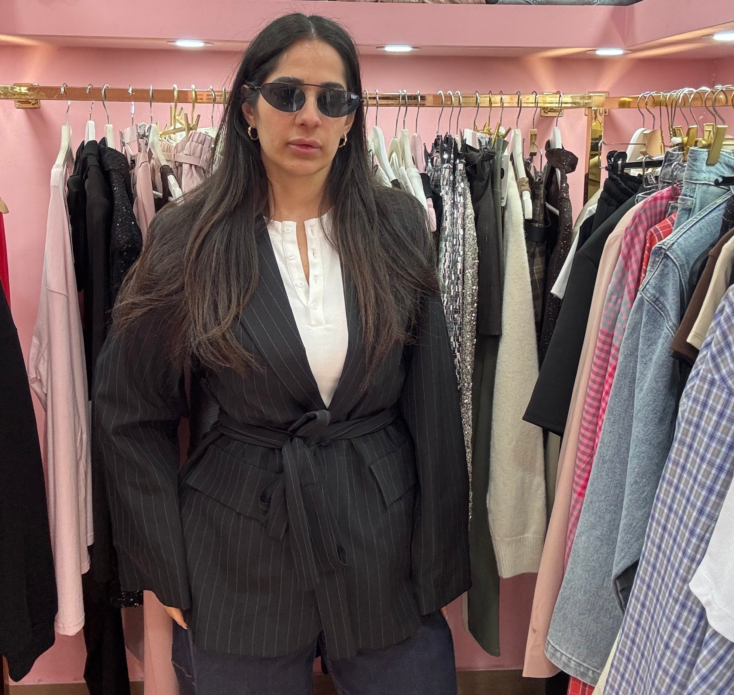 Giacca laccio gessata nera