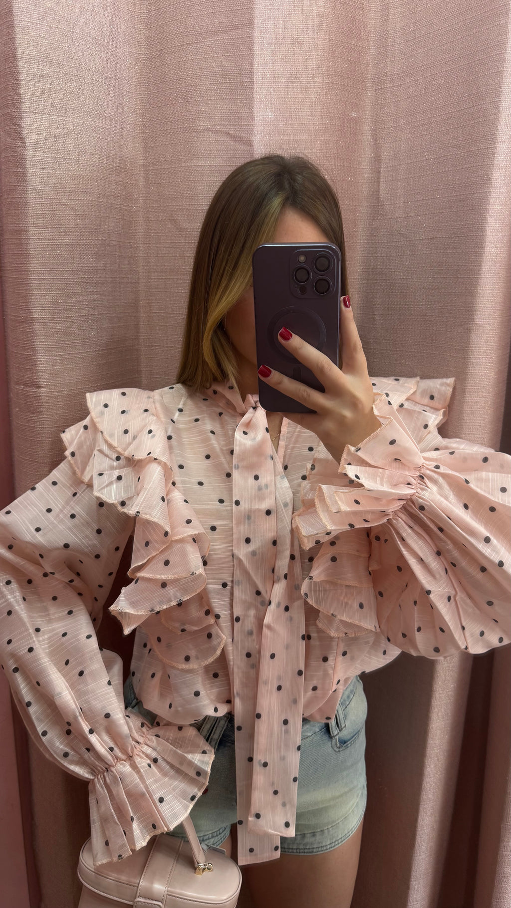 Camicia frufru rosa a pois