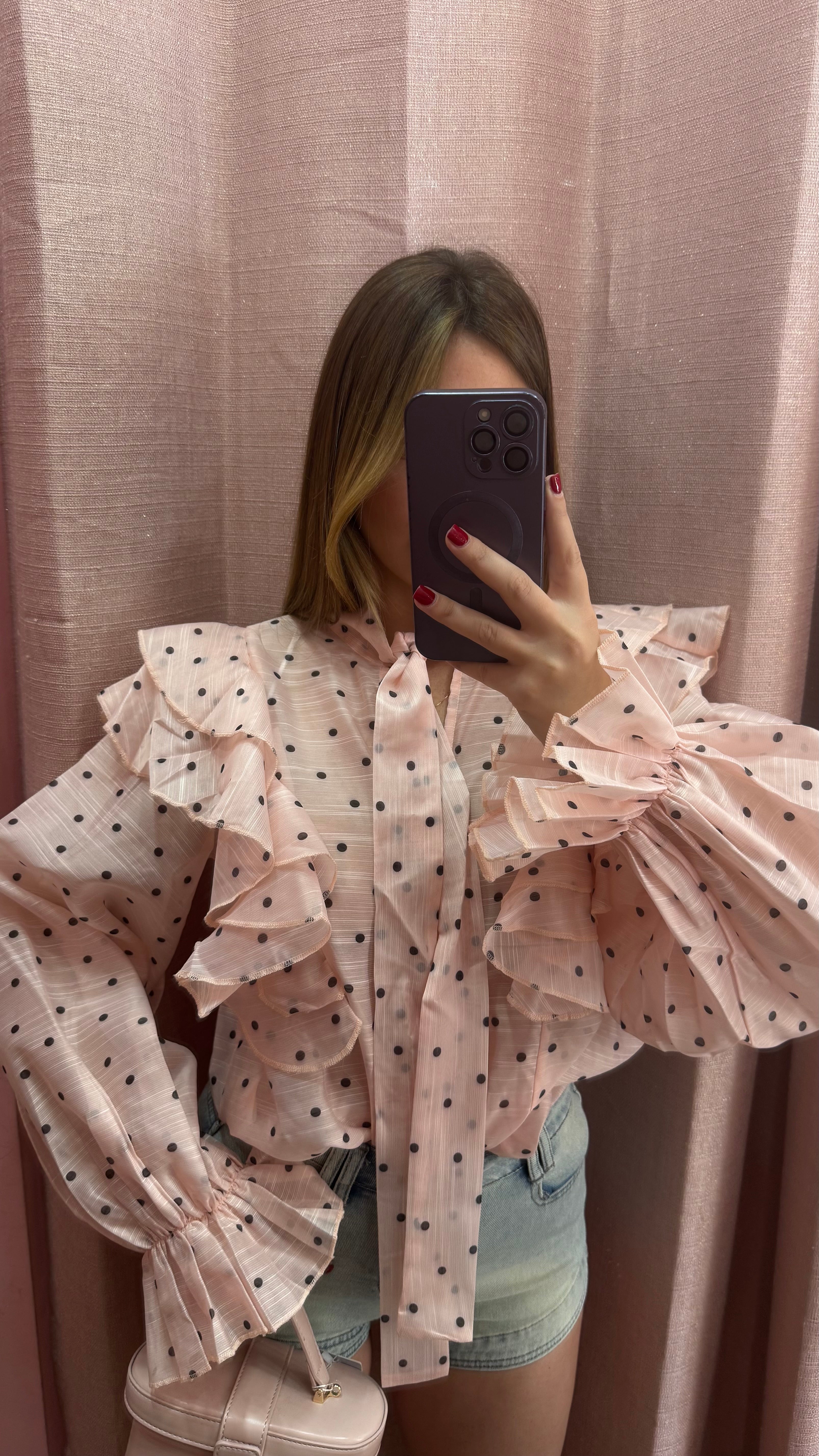 Camicia frufru rosa a pois