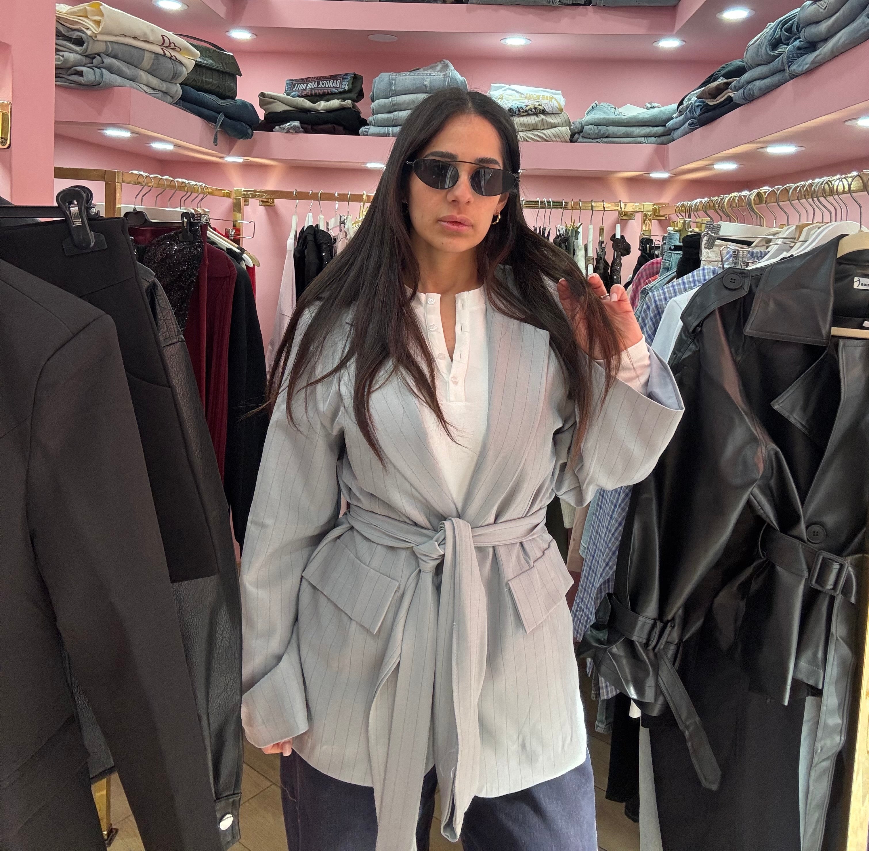 Giacca laccio gessata grigia