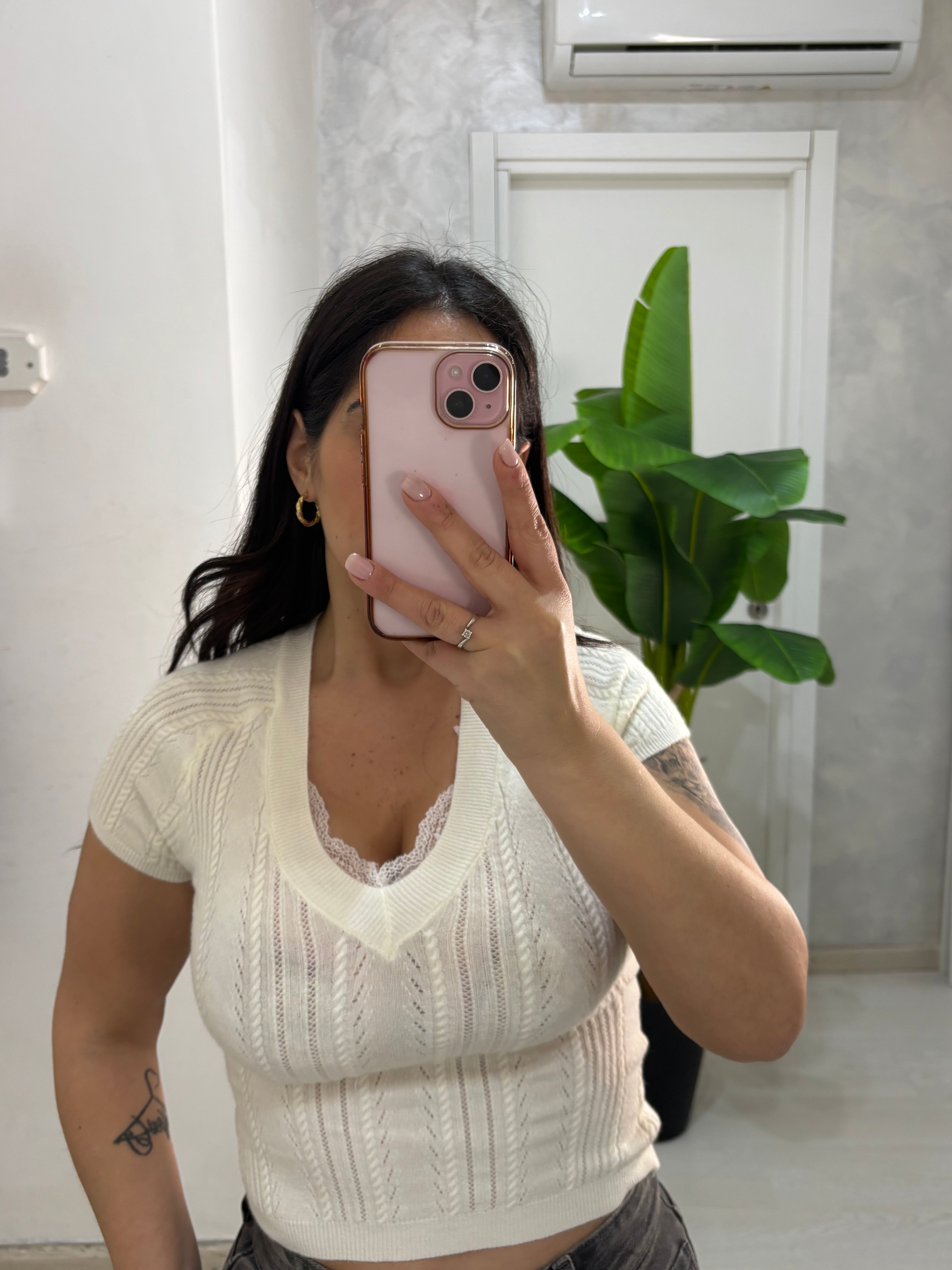 Maglia coste e pizzo crema