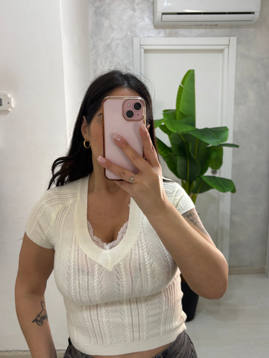 Maglia coste e pizzo crema