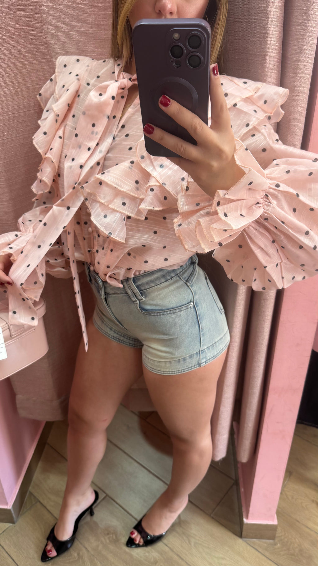 Camicia frufru rosa a pois