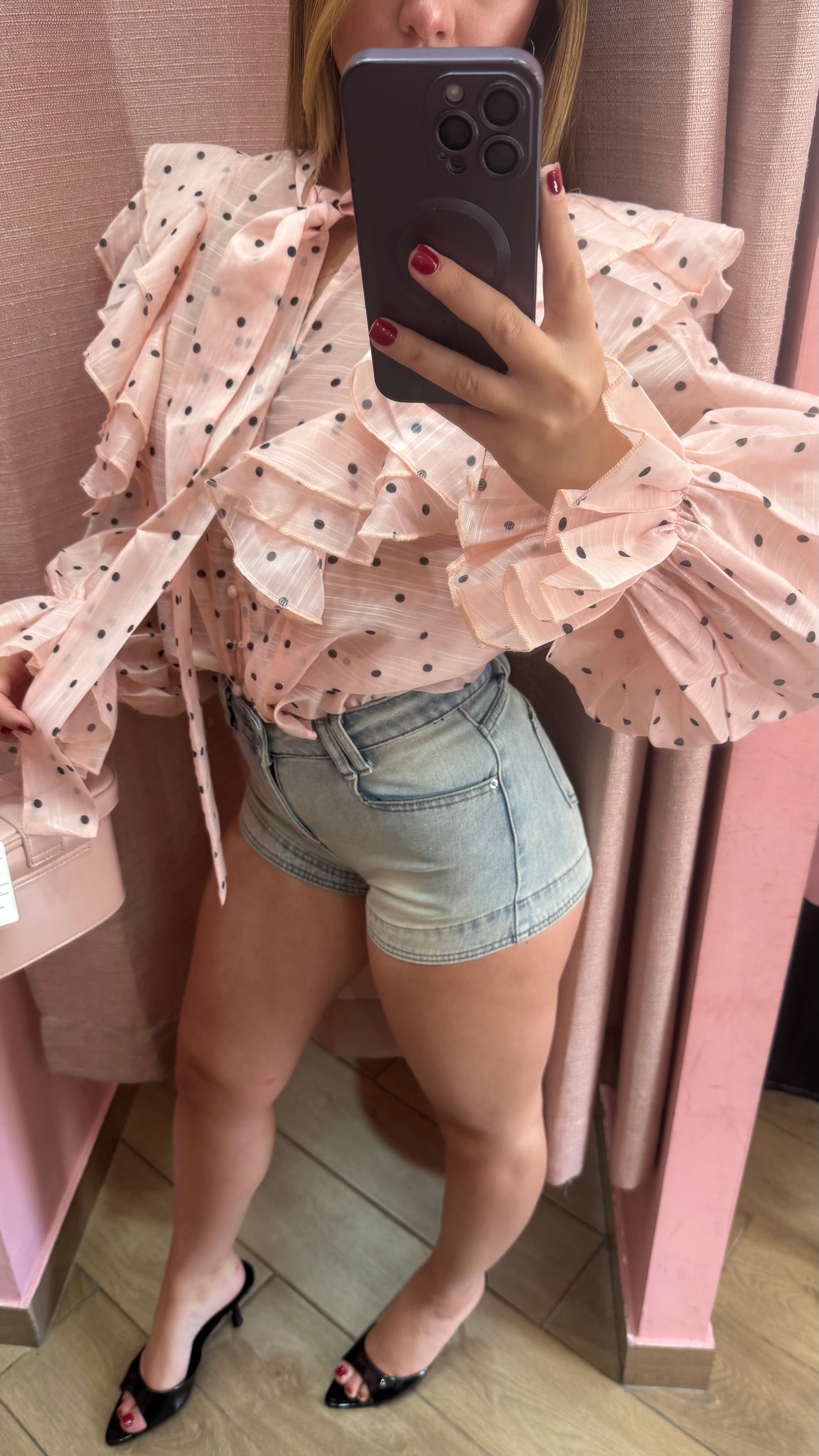 Camicia frufru rosa a pois